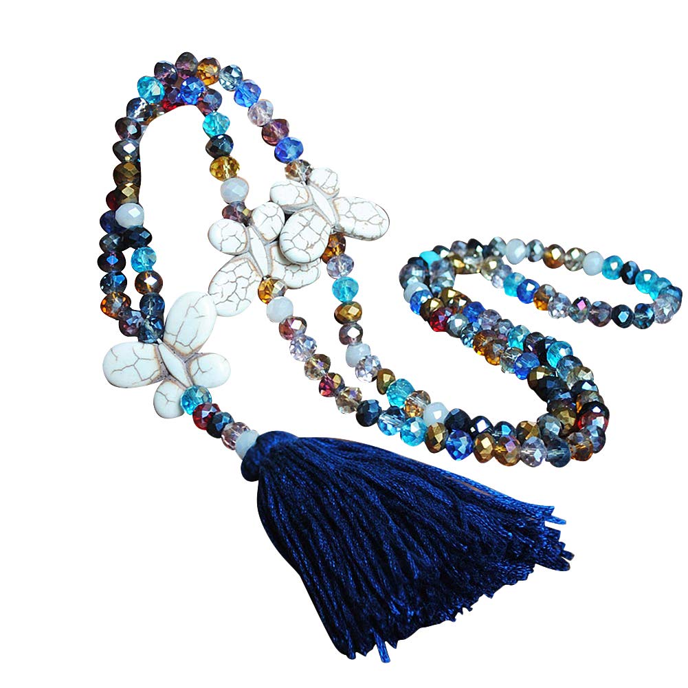 Amorar Elegant Bohemian Necklace with Colourful Crystal Bead Cord Chain Women Jewellery Necklace with Tassel Pendant Long Sweater Chain Necklace
