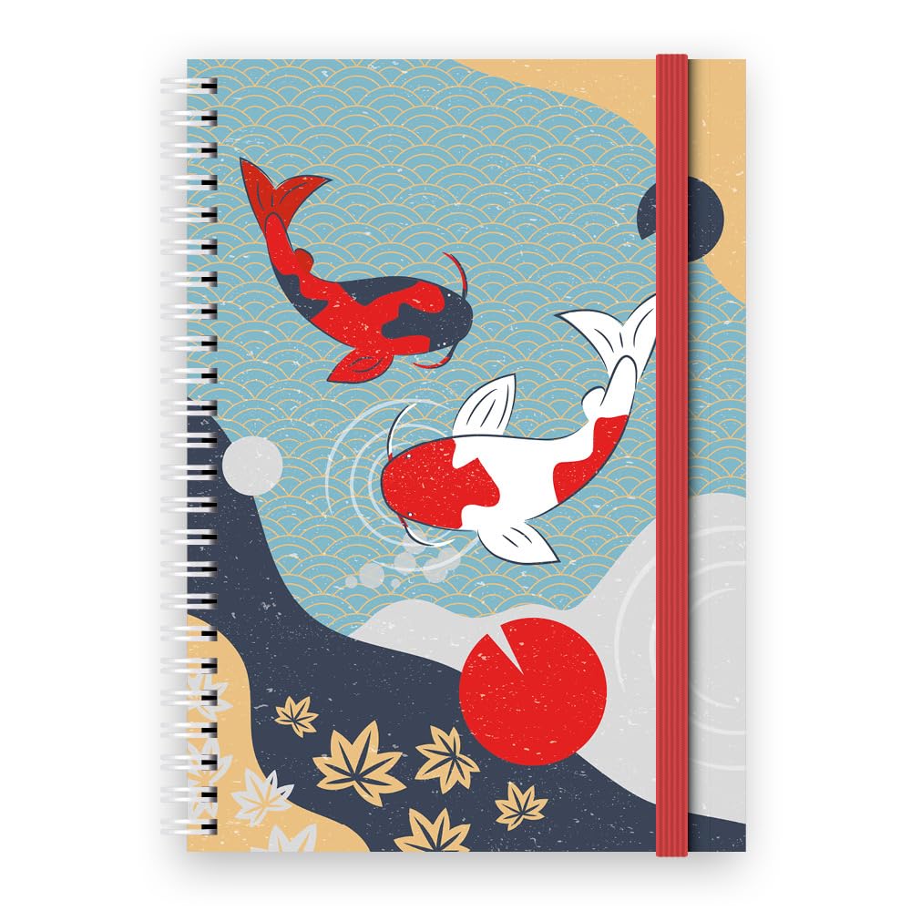Cauliflower Journals A5 Spiral Bound Journal Notebook- Japanese Themed Cover Designs, 120 Ruled Pages, Double Pocket Page & Elastic Page Divider (Koi Pond), UK Made