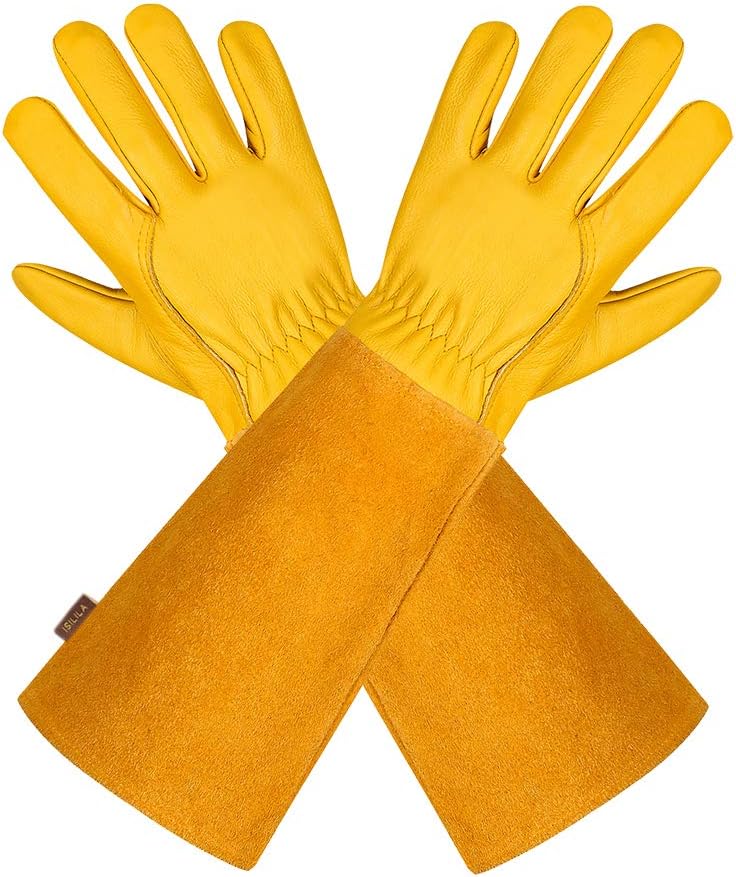 isilila Leather Gauntlet Gardening Gloves for Women & Men, Breathable Thorn Proof Cowhide Gloves with Long Sleeves