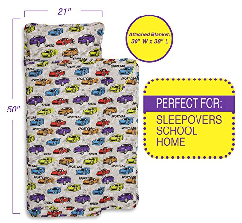 Kids Nap Mat with Removable Pillow - Soft, Lightweight Mats, Easy Clean Toddler Nap Pad for Preschool, Daycare, Kindergarten - Children Sleeping Bag (White with Cars Design) by Bambino Bliss - Thumbnail 2