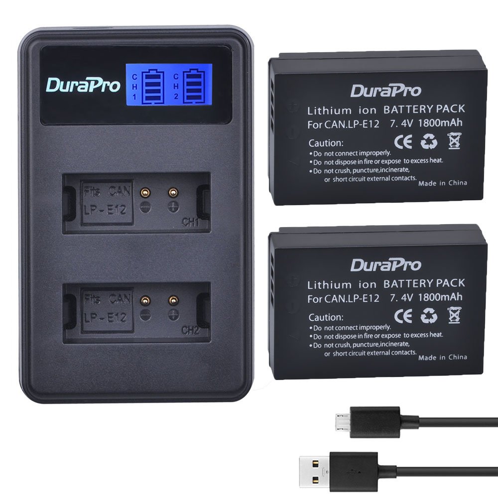 DuraPro 1800mAh 2Pcs LP-E12 LP E12 Battery + LCD Dual USB Charger for Canon LP-E12, EOS M, EOS M10, EOS M50, EOS M100, EOS M200, Rebel SL1, PowerShot SX70 HS Digital Cameras