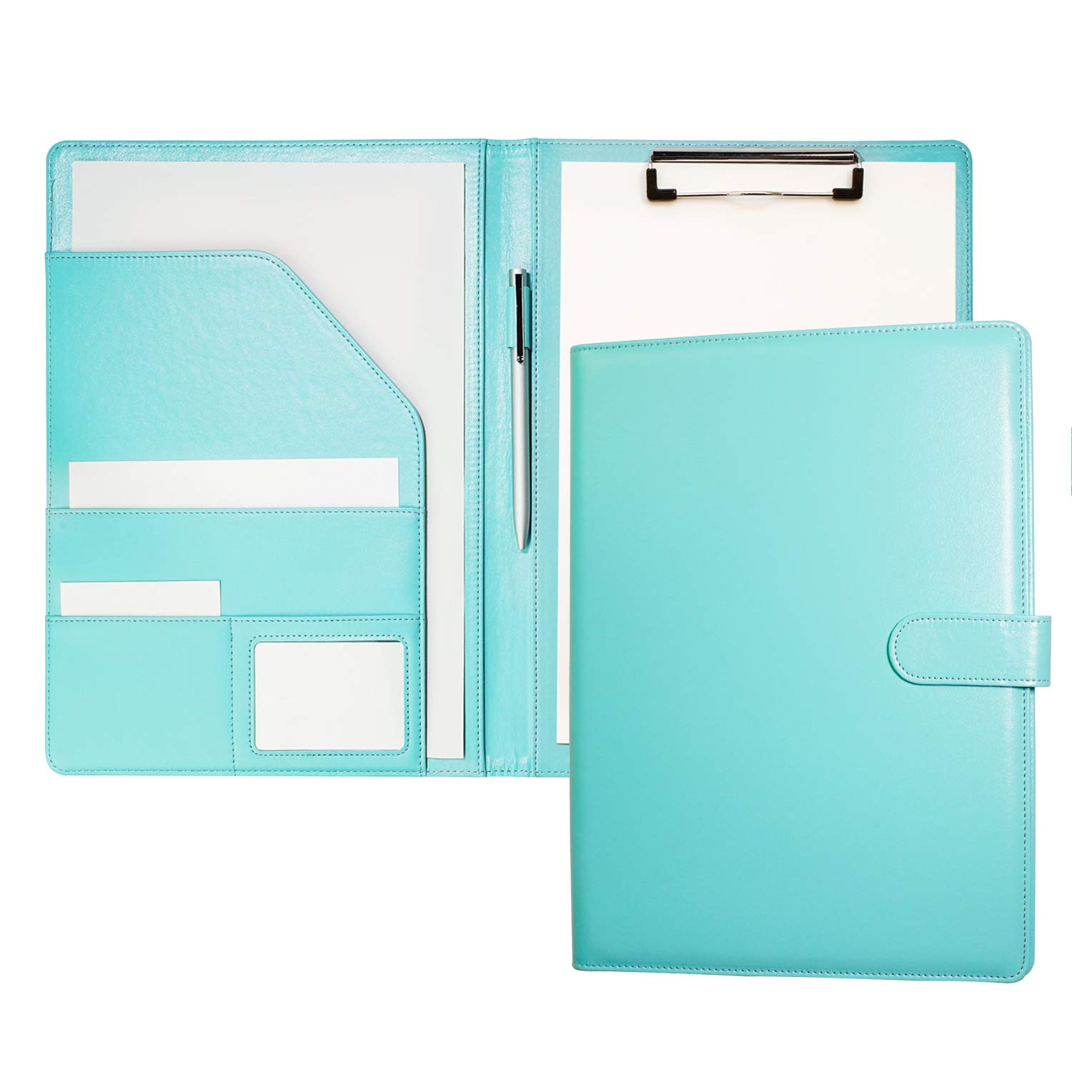Clipboard Folder A4 Conference Folder Portfolio for Legal Pad, Faux Leather A4 Folder Work Writing Foldover Clipboard with Cover, Portfolio Organiser Folio Clip Board (Pale Turquoise)