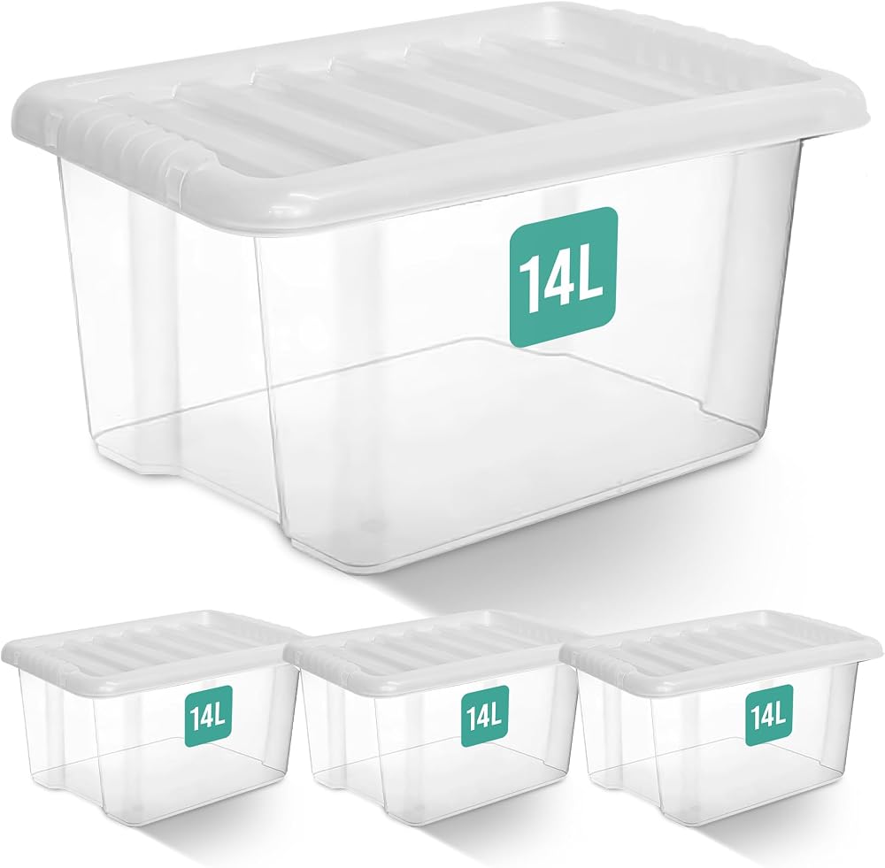 Klass Home Collection 4 x 14 Litre Clear Plastic Storage Boxes with Lids