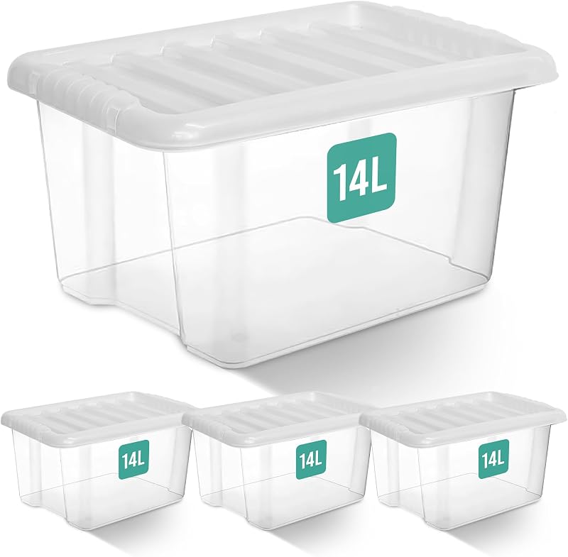 Klass Home Collection 4 x 14 Litre Clear Plastic Storage Boxes with Lids