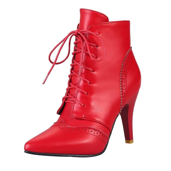 UH Damen Spitze High Heels Stiefeletten Schnür Ankle Boots mit Fell 8cm Absatz Vintage Fashion Schuhe