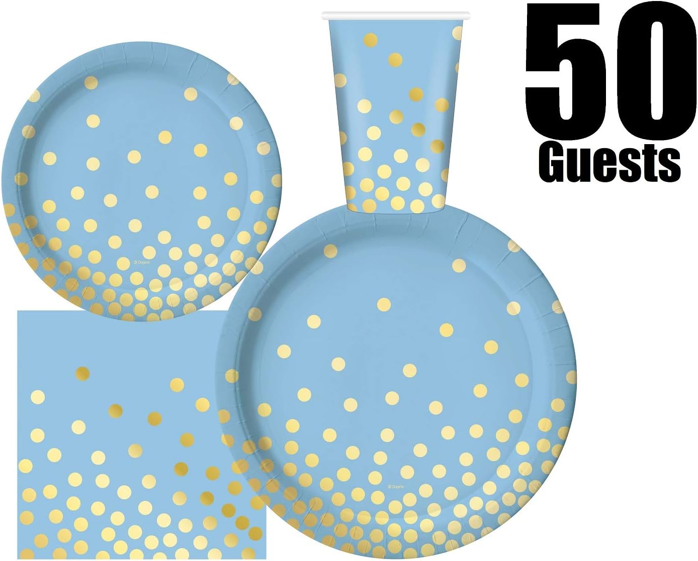 Serves 50 Complete Party Pack Blue and Gold Party Supplies | 9" Dinner Paper Plates 7" Dessert Paper Plates 12 oz Cups 3 Ply Napkins Blue and Gold Dots Themed Party Supplies