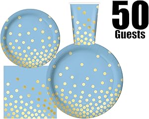 Serves 50 Complete Party Pack Blue and Gold Party Supplies | 9" Dinner Paper Plates 7" Dessert Paper Plates 12 oz Cups 3 Ply Napkins Blue and Gold Dots Themed Party Supplies