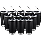 COMOOO 20oz Double Wall Vacuum Insulated Travel Mug, Stainless Steel Tumbler with Lid and Straw Durable Powder Coated Insulated Coffee Cup for Cold & Hot Drinks (Black, 12 pack