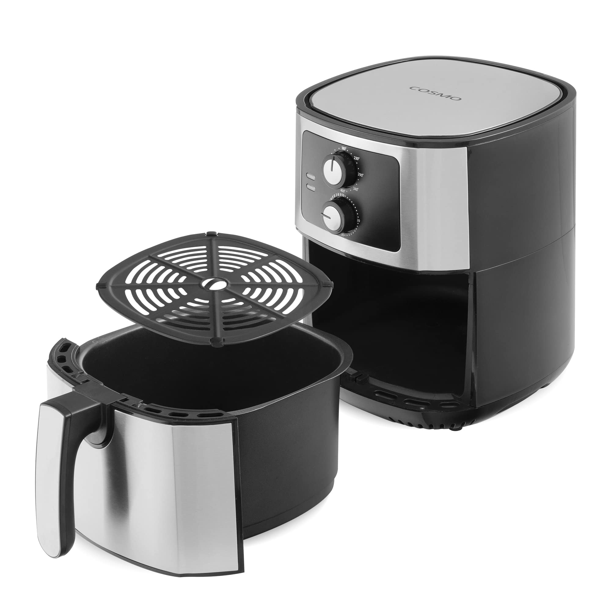 Photo 1 of *powers on** Cosmo COS-58AFAKSS 5.5 Liter Electric Hot Air Fryer with Temperature Control, Timer, Non-Stick Frying Tray, 1400W (5.8 Quarts, Stainless Steel/Black)