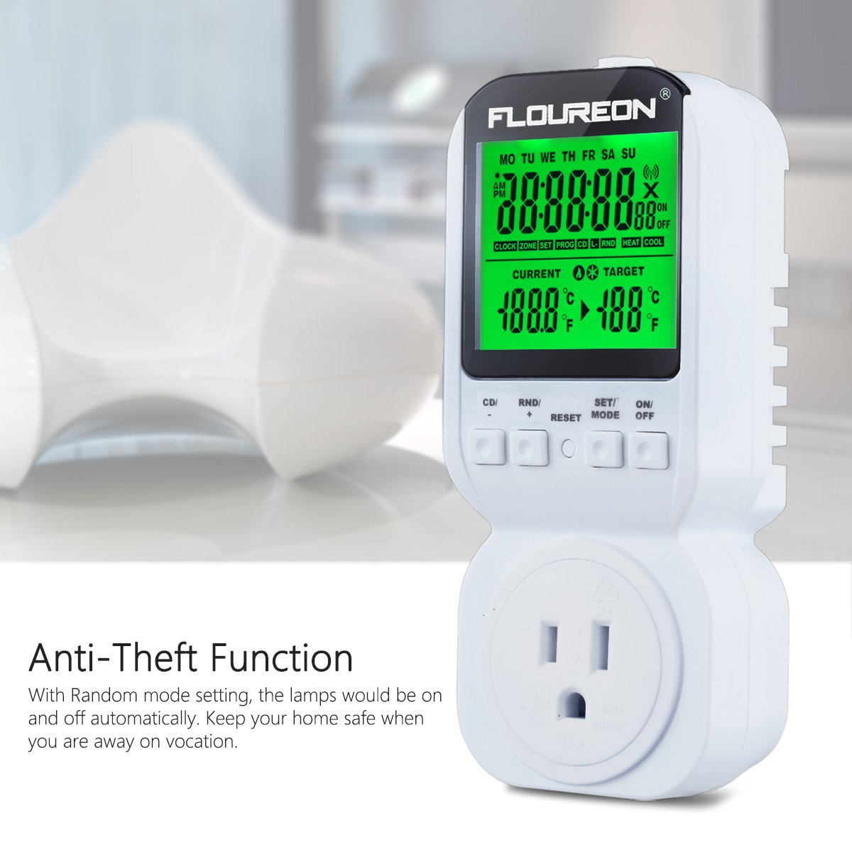 FLOUREON Thermostat Timer Switch Socket Plug ON/OFF Control 12H/24H for