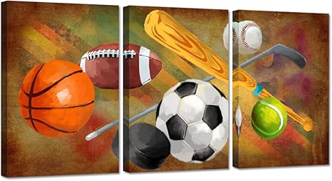 Amazon Com Zingarts 3 Pieces Sports Canvas Wall Art Rustic Soccer Football Baseball Basketball Sports Themed Artwork On Vintage Colorful Background Stretched And Framed For Home Kids Room Decor Ready To Hang Posters