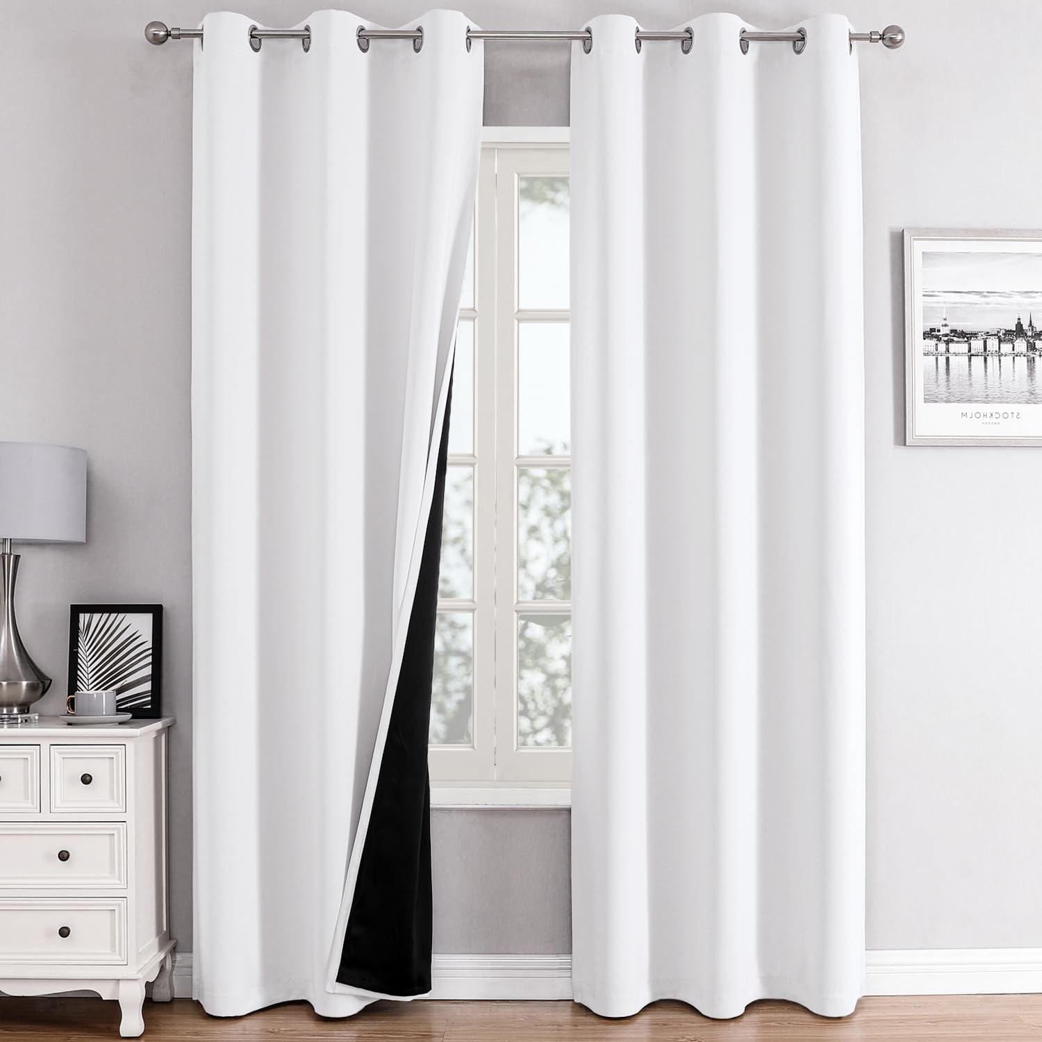 Photo 1 of ChrisDowa 100% Blackout Curtains 84 inch Long for Bedroom with Black Liner, 2 Thick Layers Total Blackout Thermal Insulated Grommet Window Curtains 2 Panels Set (Pure White, 38 x 84 Inch)