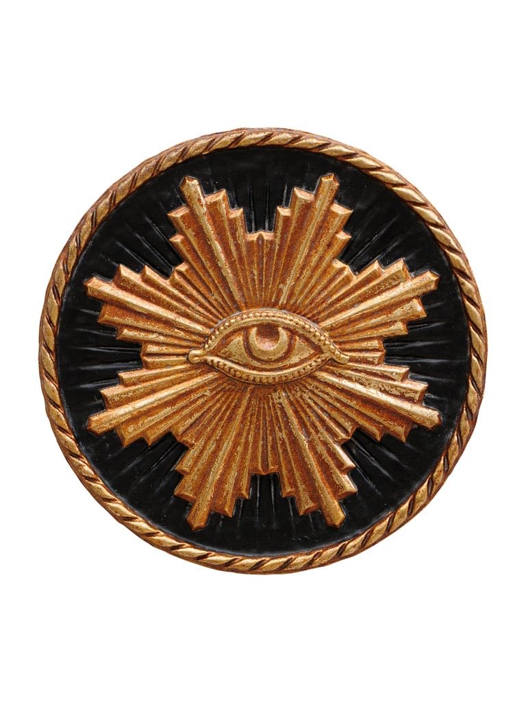 chehoma Superb Ex-voto adorned with a Halo and in its center with a golden eye of protection on a black background. Beautiful workmanship Diameter 12 cm. Hook system provided on the back.