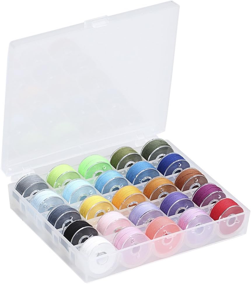 Wowot 25 Pack Assorted Colors Thread Bobbins With Bobbin Box, 2cm Diameter Bobbin Case Organizer with Sewing Thread For Brother/Babylock/Janome/Kenmore/Singer, Transparent