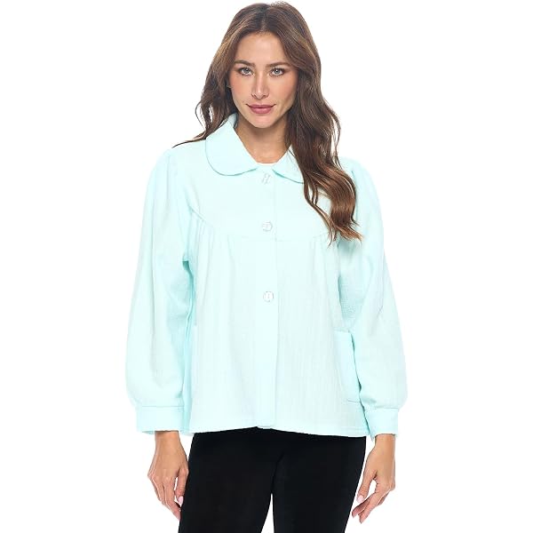 LA CERA Women's Embroidered Snap Front Fleece Bed Jacket