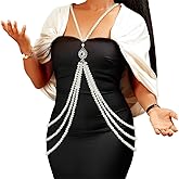 ELABEST Pearl Body Chain White Layered Pearls Crystal Cross Body Jewelry for Women