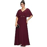 Ever-Pretty Plus Women's Ball Gown V-Neck A Line Chiffon Applique Shawl Short Sleeves Maxi Plus Size Formal Dresses 02289-DA