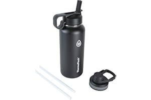 ThermoFlask 32 oz Double Wall Vacuum Insulated Stainless Steel Water Bottle with Spout and Straw Lids, Black