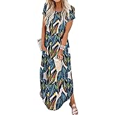 Jeqeocafy Women Summer Long Sundress Crewneck Short Sleeve Maxi Dress 2026 Casual Loose Beach Dress with Pockets