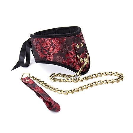 Shawa Halsband Leder Slave Roter Muster Retro Halsfesseln Verstellbar Erotik Fetisch SM Geschirr mit Leine Ketten Sex Spielze