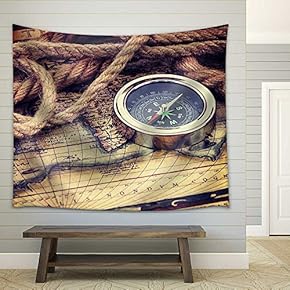 Compass and Old Map - Fabric Wall Tapestry Home Decor - 51x60 inches