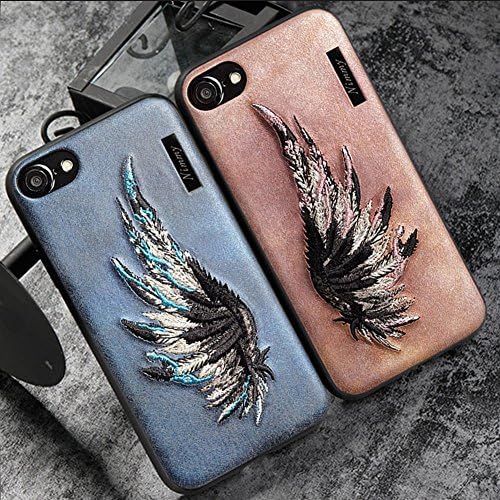 MayAi Couple Matching iPhone 7 Case Blue Wing Embroidered Gel Case, iPhone 8 Case Silicone, Leather Resistant Back Cover, Protective Flexible TPU Case for iPhone 6