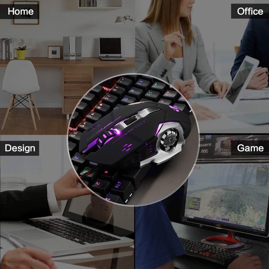 Gaming Mouse Mute Silent Click,Inphic USB Wired Optical Gaming Mice with LED Optical, 4 DPI Adjustment Levels, 6 Buttons for Laptop, PC, Mac (Metallic Black)