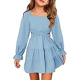 Haloumoning Girls Dresses Long Sleeve Square Neck Crossover Waist Casual A-Line Spring Fall Dress 5-14Y