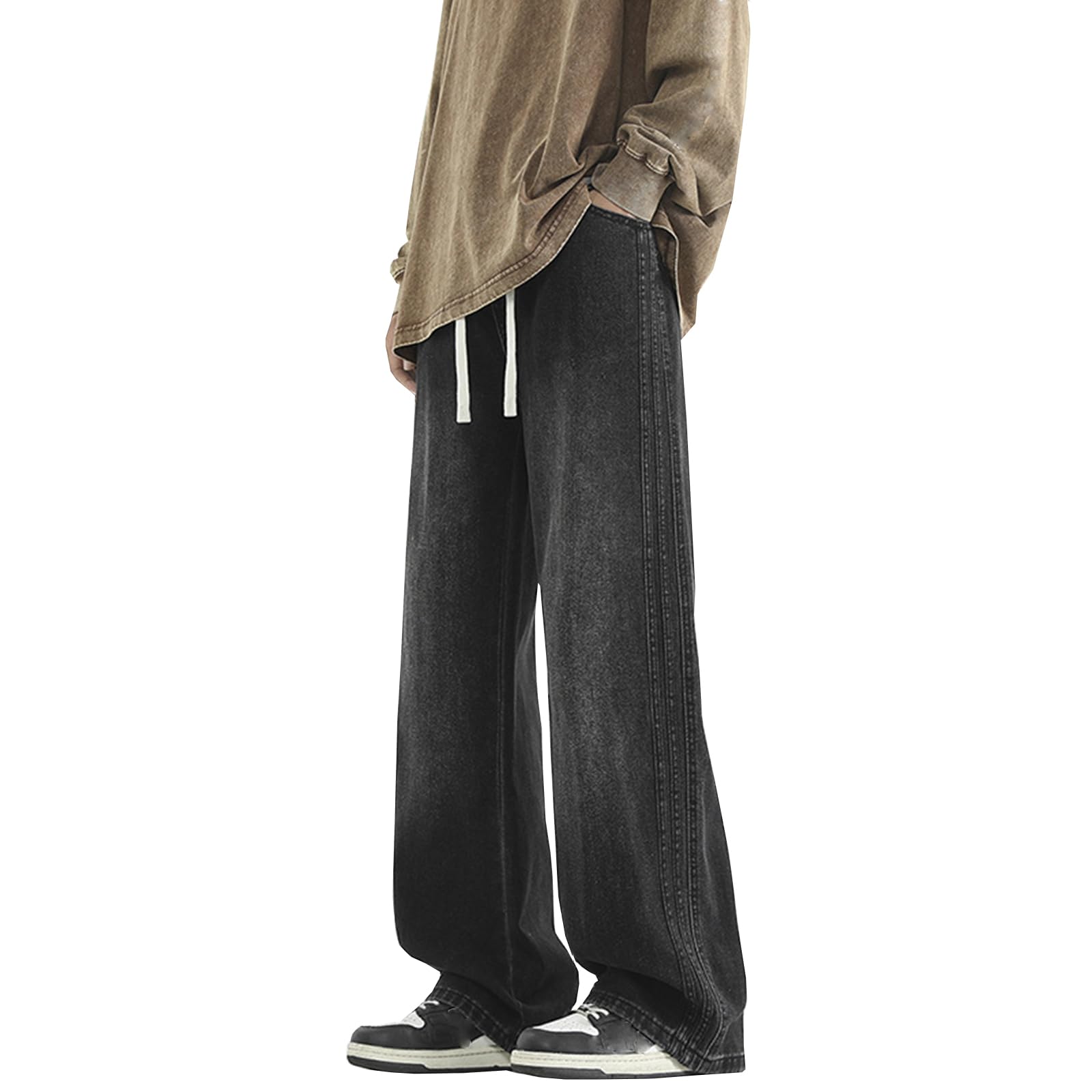 Photo 1 of **PICTURE FOR REFERENCE**Elastic Waist Jeans for Men Baggy Loose Fit Drawstring Denim Pants Y2k Hip Hop Seam Wide Leg Pull On Jeans Black