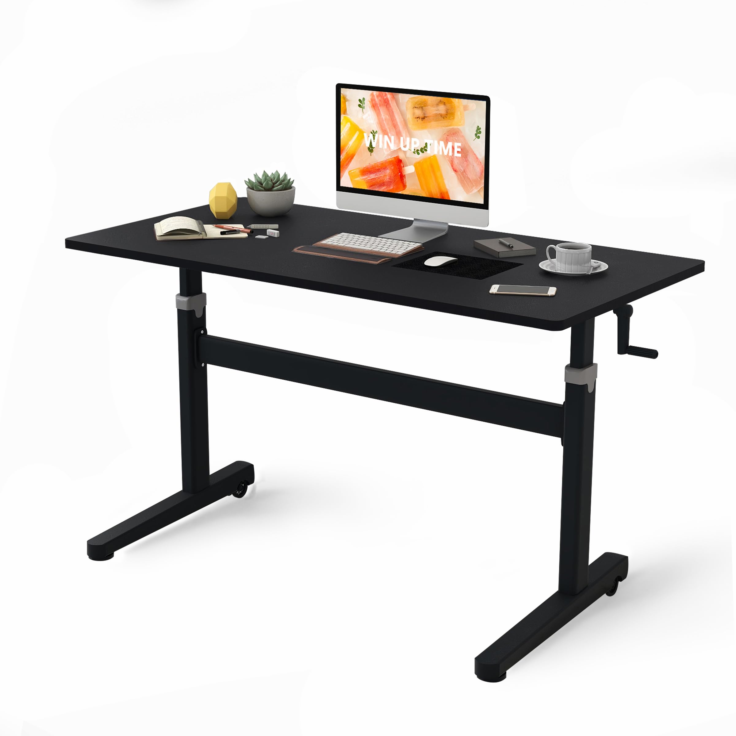 Photo 1 of **see note **Win Up Time Manual Standing Desk Height Adjustable - Portable Sit to Stand Home Office Desks - Non-Electric Rising Table with Hand Crank and Rolling Wheels - 55 Inch Black Whole Piece Wood Desktop