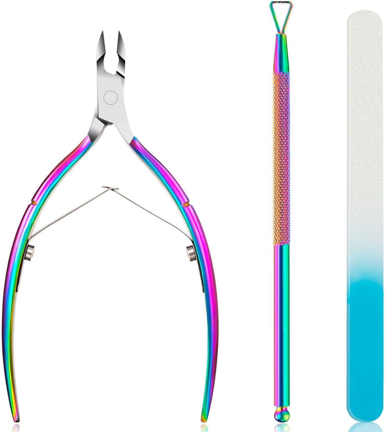 USHION Cuticle Nipper and Cuticle Pusher with Glass Nail File Stainless Steel Cuticle Clipper Cutter Trimmer Gel Remover Scraper Tool