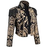 Willyacos Women's Gothic Steampunk Stand Collar Jacket Black Gold Victorian Cropped Steampunk Jacket Short Coat
