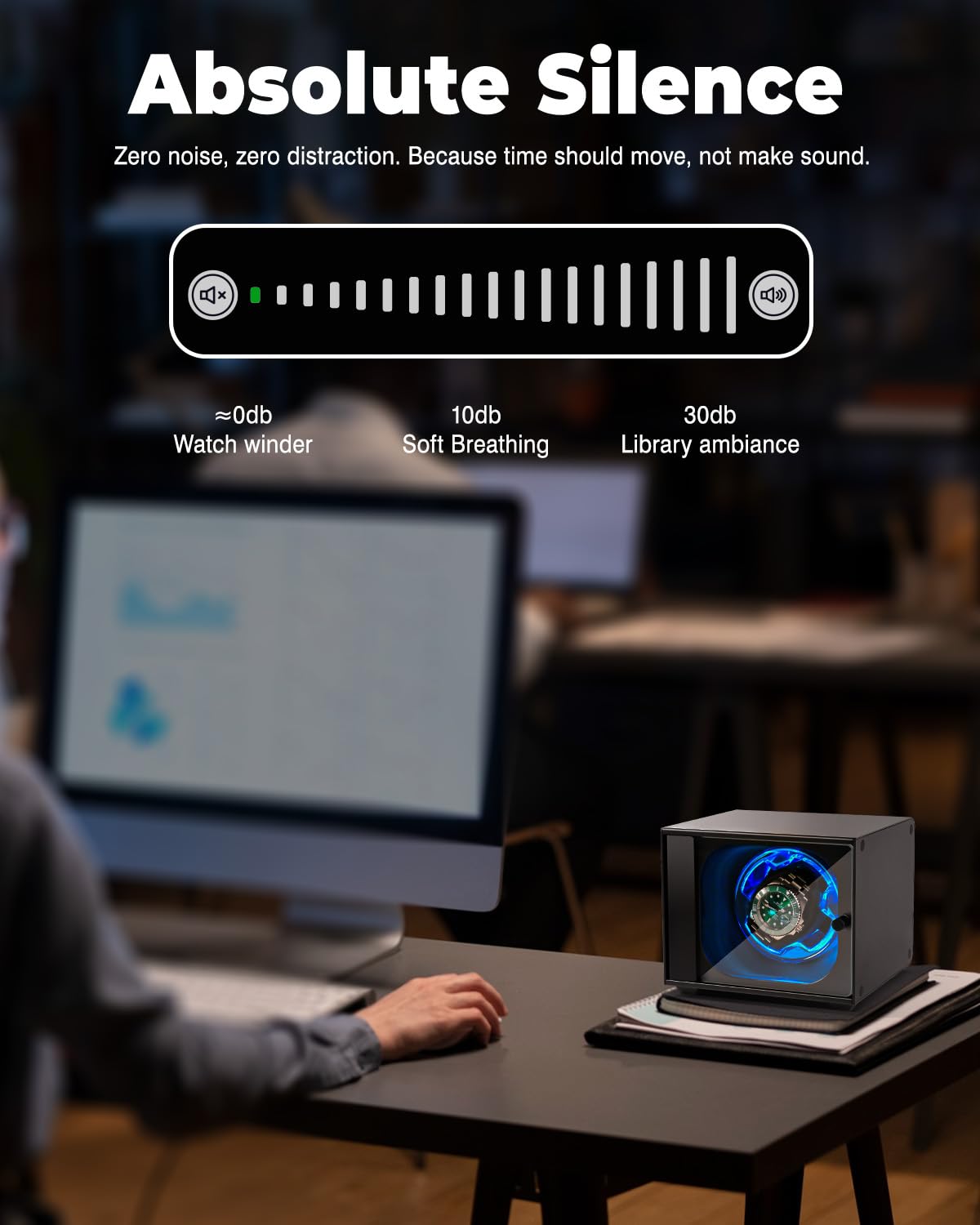 Watch Winder, Aluminum Single Automatic Watch Winder with Ultra Quiet Motor(≈0dB),Self-Winding Metal Watch Winder for Rolex and More,Blue Light,Side Open Glass Door,Gift for Watch Lovers