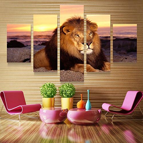 Xuanyi Art 5Panel African Lion Canvas Prints Oil Painting Pictures Wall Art Home Decor For Living Room Printing On Canvas(With Inner wood frame ready to hang directly) EMS(6-8 Working Day)