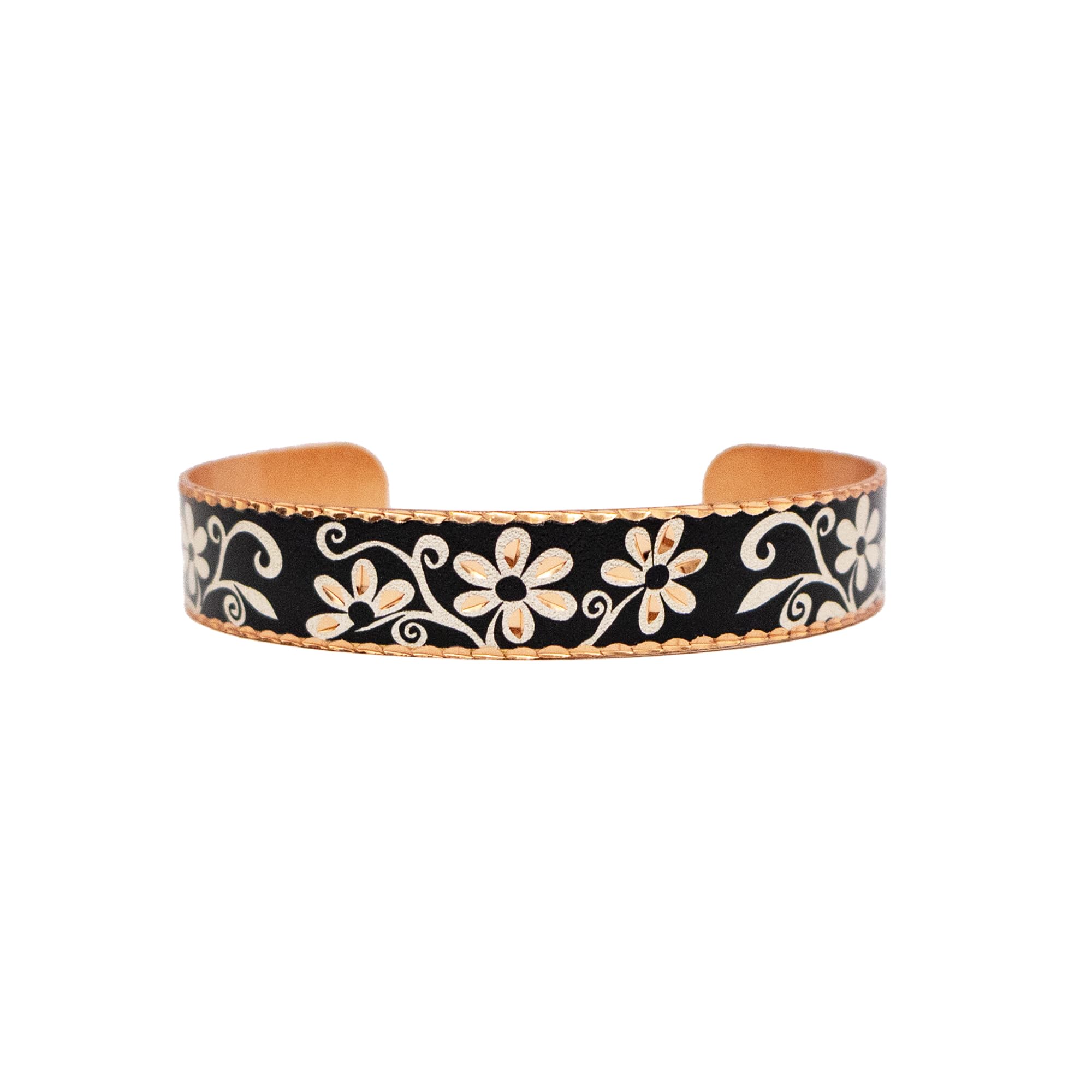 FRONT LINE JEWELLERY Black Flower Bracelet – Handmade Adjustable Copper Cuff for Women – Elegant Boho Floral Jewellery Gift for Mother’s Day— Gifts for Wife