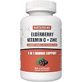 Nature4U 5 in 1 Elderberry Immune Support Supplement, Daily Immune Boosters for Adults Antioxidants Supplement, Elderberry 1000 mg, Vitamin C, Zinc, Echinacea, Ginger, 300 Vegan Capsules - 5 Month