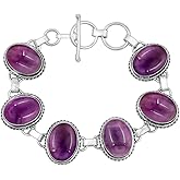 Natural Amethyst Silver Plated Handmade Link Bracelet for Women - February Birthstone Oval Gemstone Adjustable Bracelet Vintage Style Jewelry - Enegagement Wedding Christmas Gifts for Her
