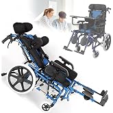 CXYTX Reclining High Back Wheelchair Cerebral Palsy Adults 22" X 18" Seat | Foldable Wheel Chair Heavy Duty Kids for Home Rehabilitation Adjustable Headrest/Sitting Position, Blue, Adults