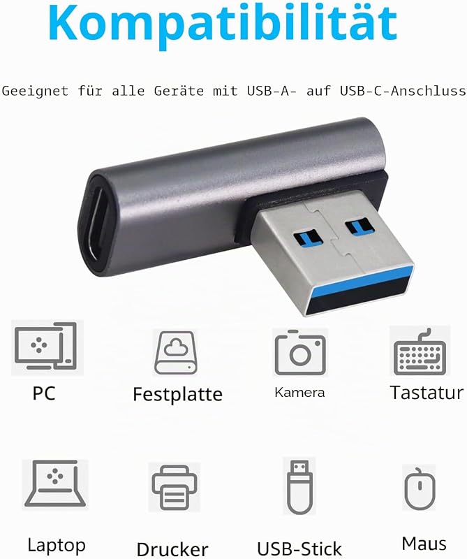 10 Gbps USB 3.1 Adapter 90 Grad USB Stecker auf Typ C weiblicher Adapter zur Datenübertragung OTG für Tablet Laptop 3 Pack (Silber USB A M/C F)