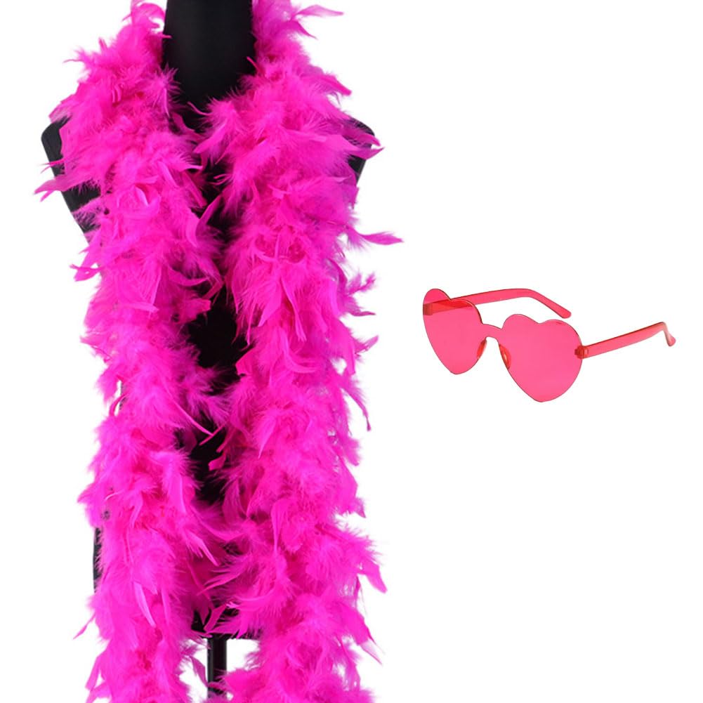 Feather Boa, 2PCS Feather Scarf Set with Heart Glasses Dancing Party Props Halloween Cosplay Costume Accessory Holiday Decors Party Accessories for Dancing Wedding Party Halloween Carnival(Rose)