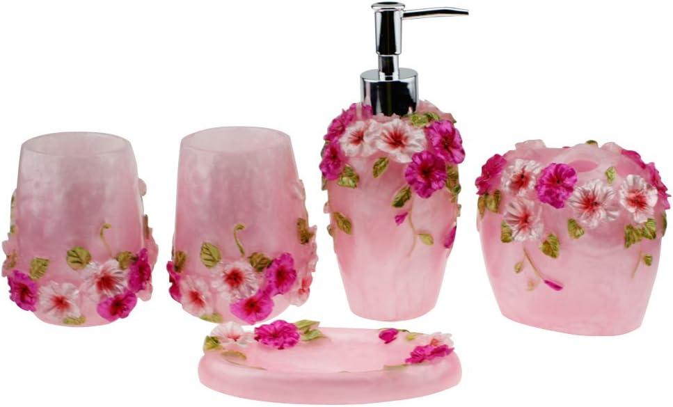 Creative Scents Marquee Bath Ensemble, 5 Piece Bathroom Accessories Set, Marquee Collection Bath Set Features Soap Dispenser, Toothbrush Holder, Tumbler, Soap Dish - Accented with Small Square Mirrors