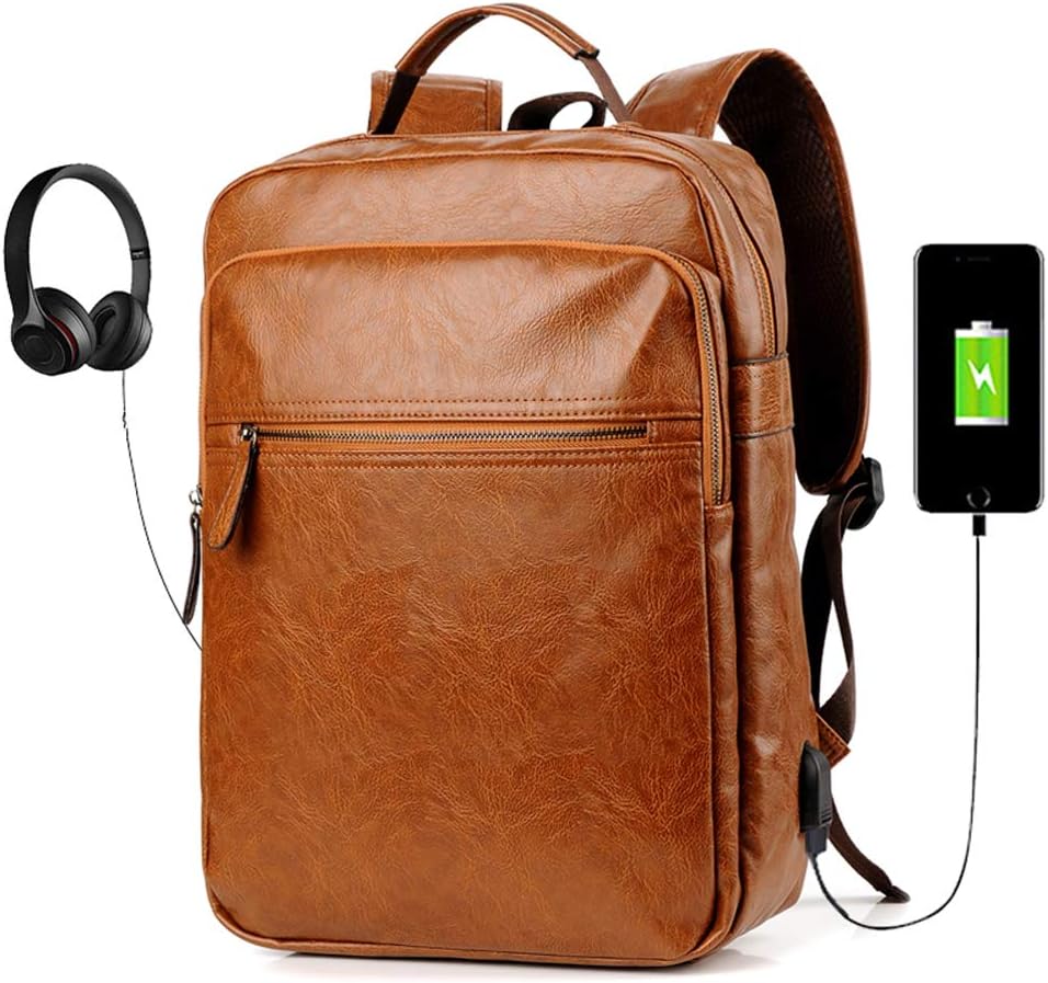 Men Backpack with USB Leather School Bookbag Laptop Vintage Daypacks (Brown)