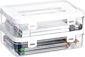 BTSKY 2 Pack Clear Plastic Storage Box with Handle & Flap Lid, Portable Craft Organizers and Storage Box Art Supply Storage Organizer Multipurpose Plastic Sewing Box for Beads Pencils Sticky Notes