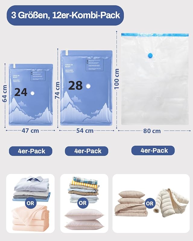 Vakuumbeutel für Kleidung mit Elektrischer Pumpe, 12er-Set Vakuumbeutel (4 * 100x80cm, 4 * 74x54cm, 4 * 64x47cm), Vacuum Bags for Clothing für Reisen, Umzüge, Aufbewahrung