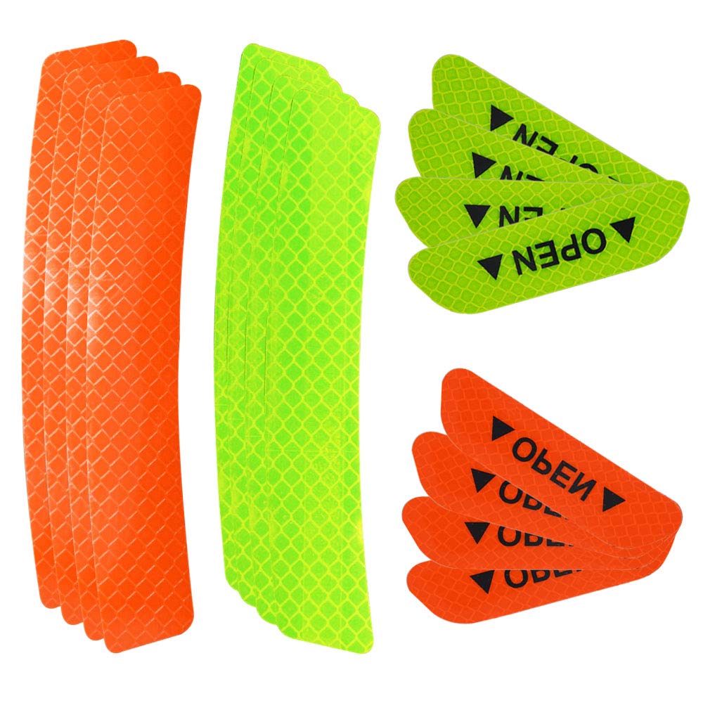 senvenelec Open The Door Car Door Anti-Collision Warning Reflective Sticker, Universal Car Wheel Eyebrow Reflective Waterproof Sticker, Reflective Decals Strips, Orange Fluorescent Green -16Pcs