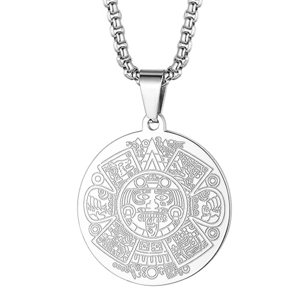 LUTAKU Aztec Mayan Calendar Pendants Necklace for Men Women Boys 316L Stainless Steel Amulet Jewellry Hip Hop Chains for Men (295S)