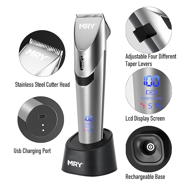 MRY CORDLESS HAIR CLIPPERS FOR BARBER CLIPPERS PROFESSIONAL WATERPROOF LCD HAIR CLIPPERS STAINLESS STEEL BLADE USB RECHARGEABLE FOR MEN WOMEN HAIR CUTTING (SILVER COLOR)