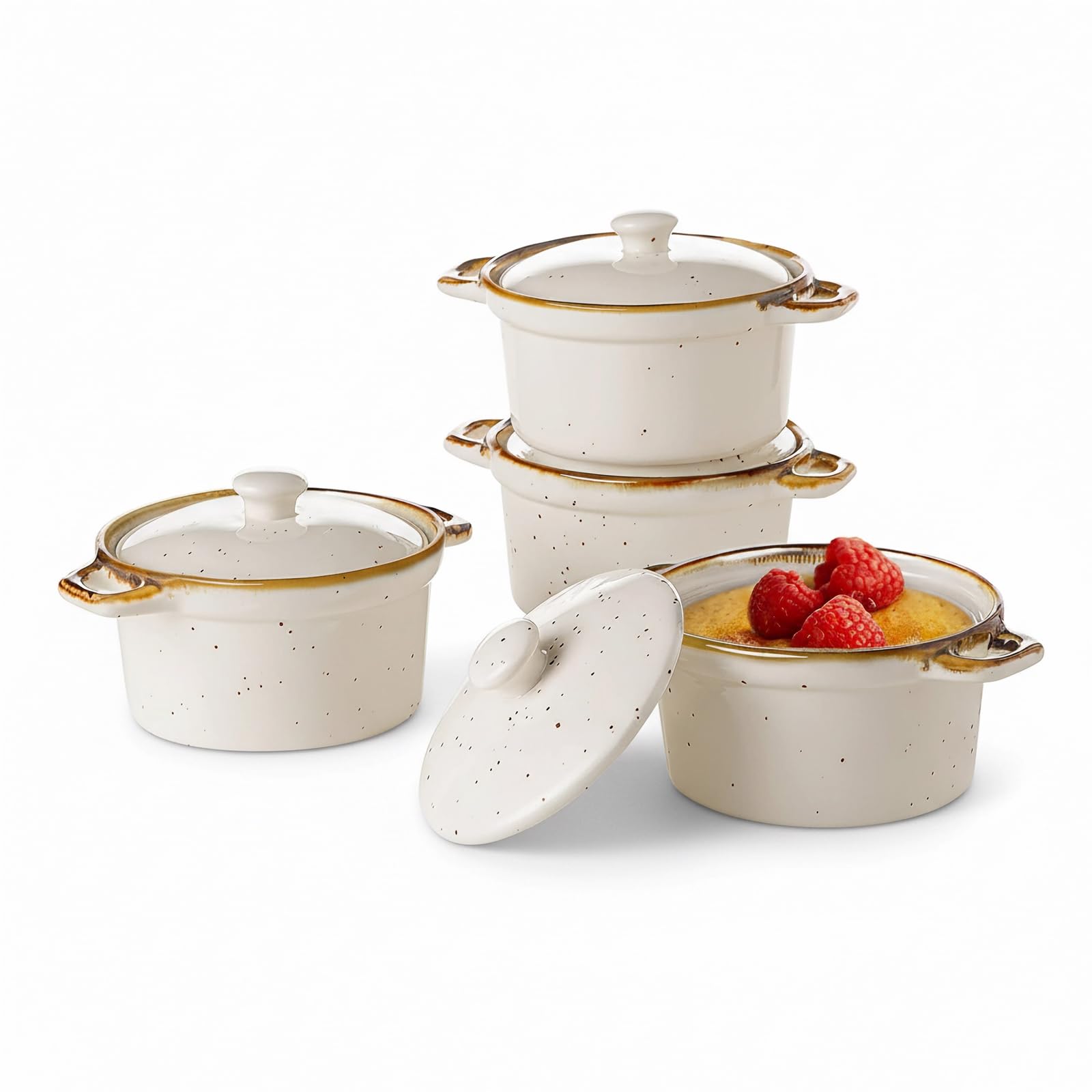 ONEMORE Ramekins Set of 4, 170ml - Oven/Microwave/Dishwasher Safe Ceramic Cocotte for Individual Serving - Rustic Speckled, Glossy Glazed - Cream White