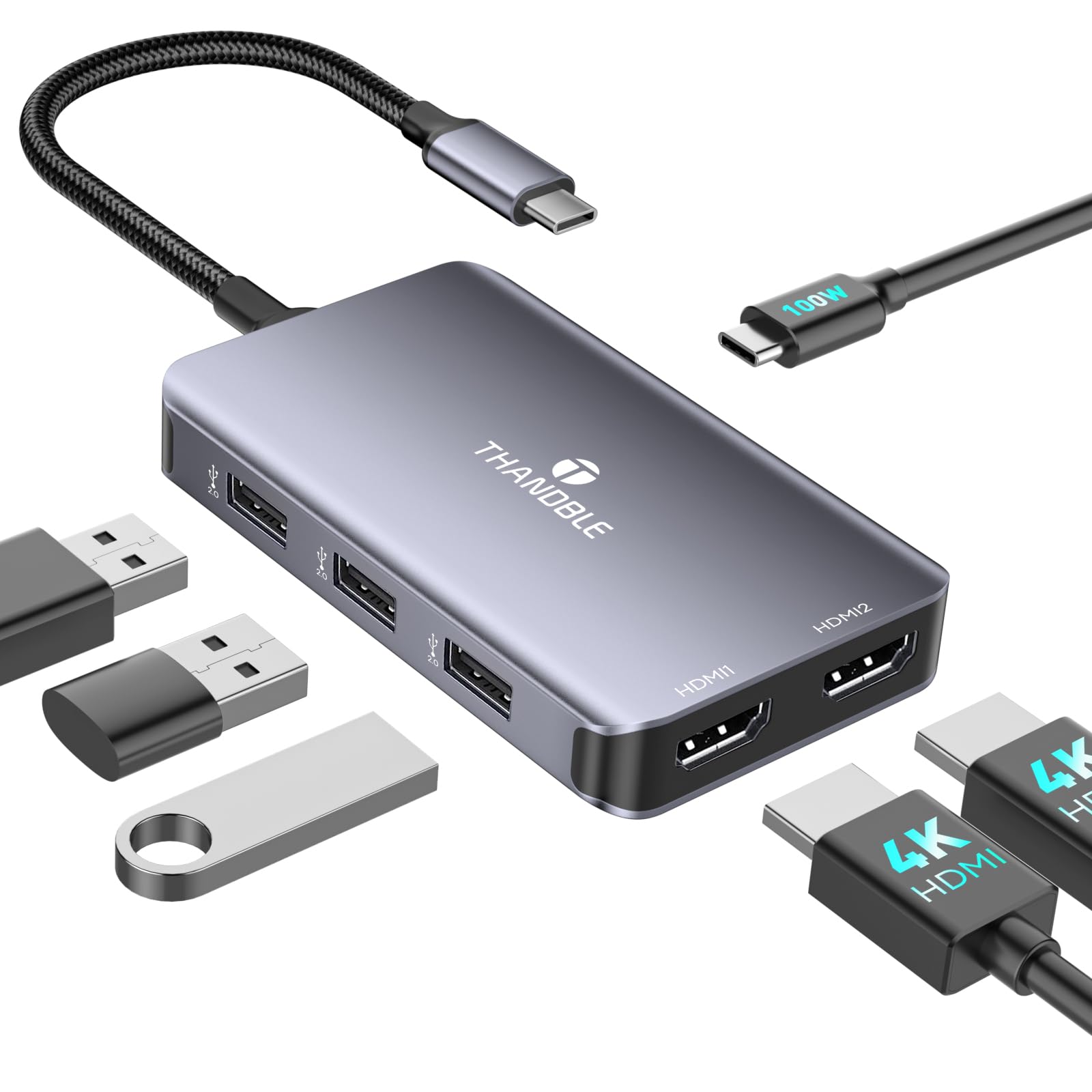 THANDBLE USB C to Dual HDMI Adapter, 6 in 1 Docking Station Dual Monitor, 3*USB-A Data Ports, 100W PD, HDMI Splitter Extended Display Laptop USB C Hub for MacBook, HP, Dell and More