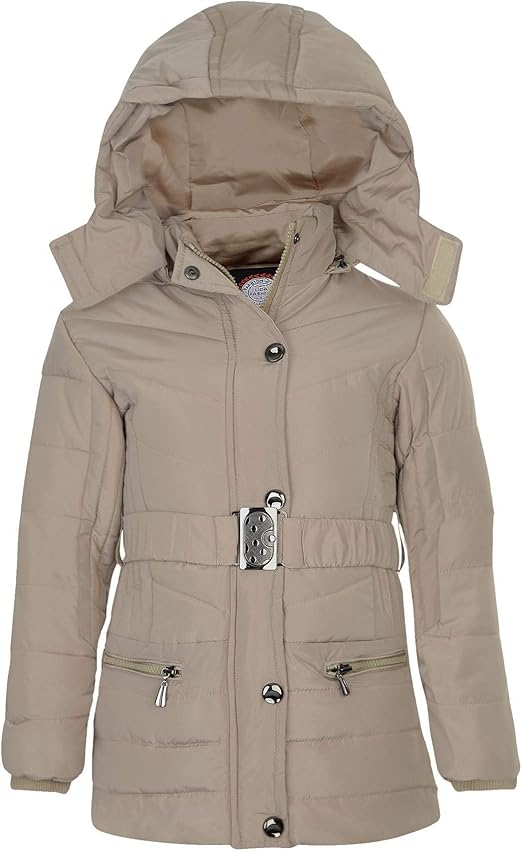 Lotmart Girls Long Quilted Winter Jacket With Belt Padded Removable Hood Zip Jacket Beige Size 98 104 Amazon De Bekleidung
